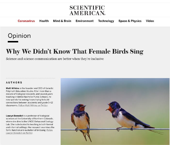 Why We Didn't Know that Female Birds Sing, Scientific American.